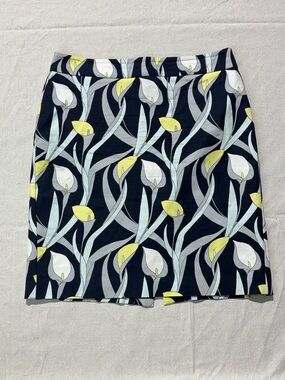 Ann Taylor Factory Navy Mini Skirt with White and Yellow Floral Motif